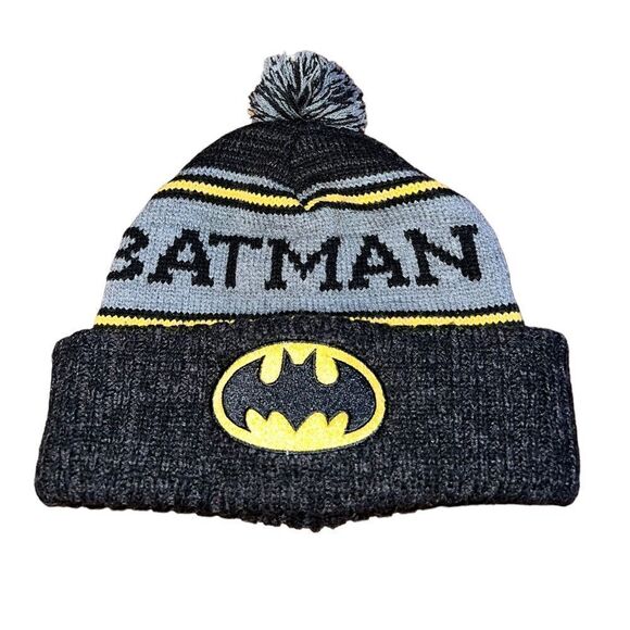 DC Comics Batman knit hat in black, grey and yellow with a pom pom one size - Picture 1 of 5